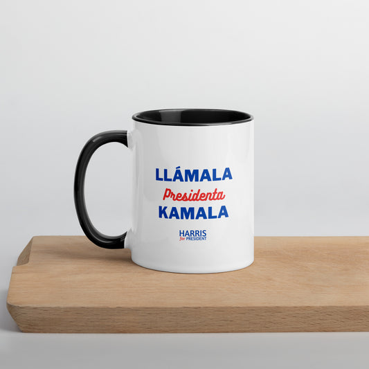 "Llámala Presidenta Kamala" Kamala Harris 2024 President Mug with Colorful Interior - White Ceramic Coffee Mug Dishwasher and Microwave Safe