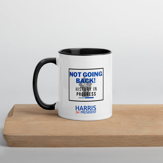 "Not Going Back" Kamala Harris 2024 President Mug with the Black Power fist and Colorful Interior - White Ceramic Coffee Mug Dishwasher and Microwave Safe