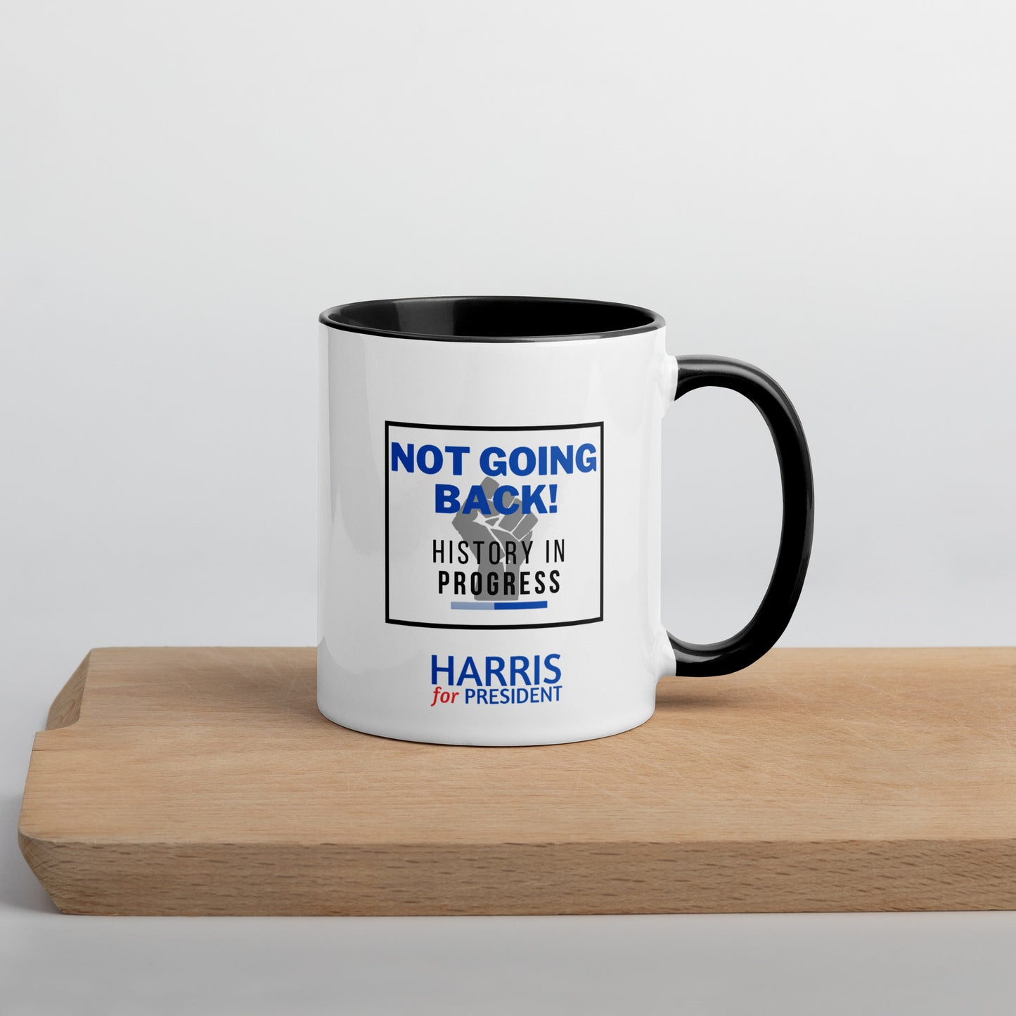 "Not Going Back" Kamala Harris 2024 President Mug with the Black Power fist and Colorful Interior - White Ceramic Coffee Mug Dishwasher and Microwave Safe