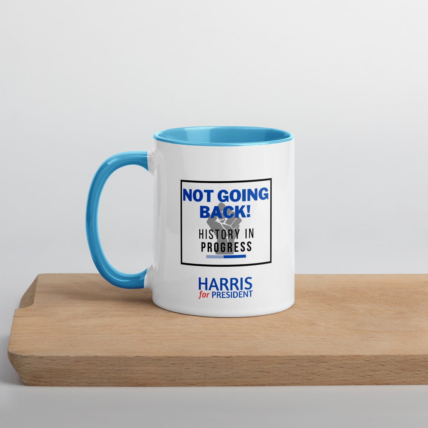 "Not Going Back" Kamala Harris 2024 President Mug with the Black Power fist and Colorful Interior - White Ceramic Coffee Mug Dishwasher and Microwave Safe