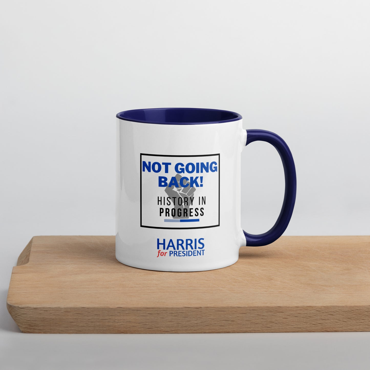 "Not Going Back" Kamala Harris 2024 President Mug with the Black Power fist and Colorful Interior - White Ceramic Coffee Mug Dishwasher and Microwave Safe