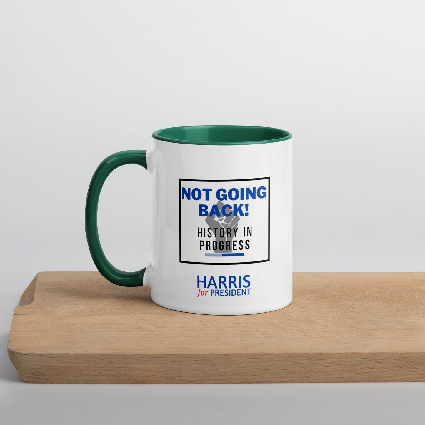 "Not Going Back" Kamala Harris 2024 President Mug with the Black Power fist and Colorful Interior - White Ceramic Coffee Mug Dishwasher and Microwave Safe