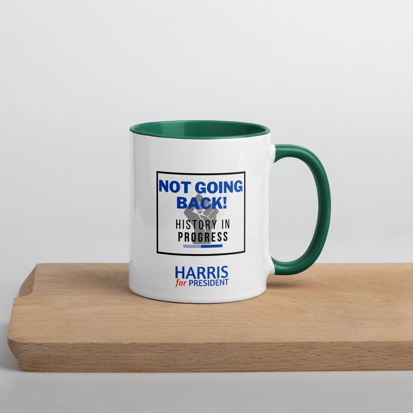 "Not Going Back" Kamala Harris 2024 President Mug with the Black Power fist and Colorful Interior - White Ceramic Coffee Mug Dishwasher and Microwave Safe