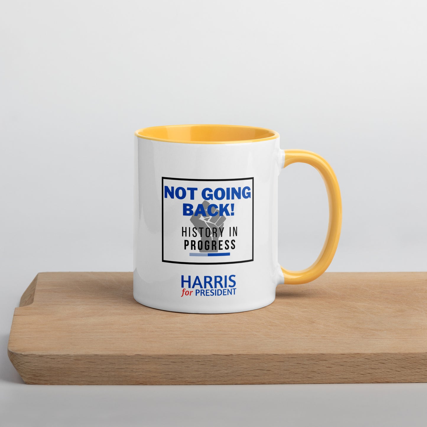 "Not Going Back" Kamala Harris 2024 President Mug with the Black Power fist and Colorful Interior - White Ceramic Coffee Mug Dishwasher and Microwave Safe