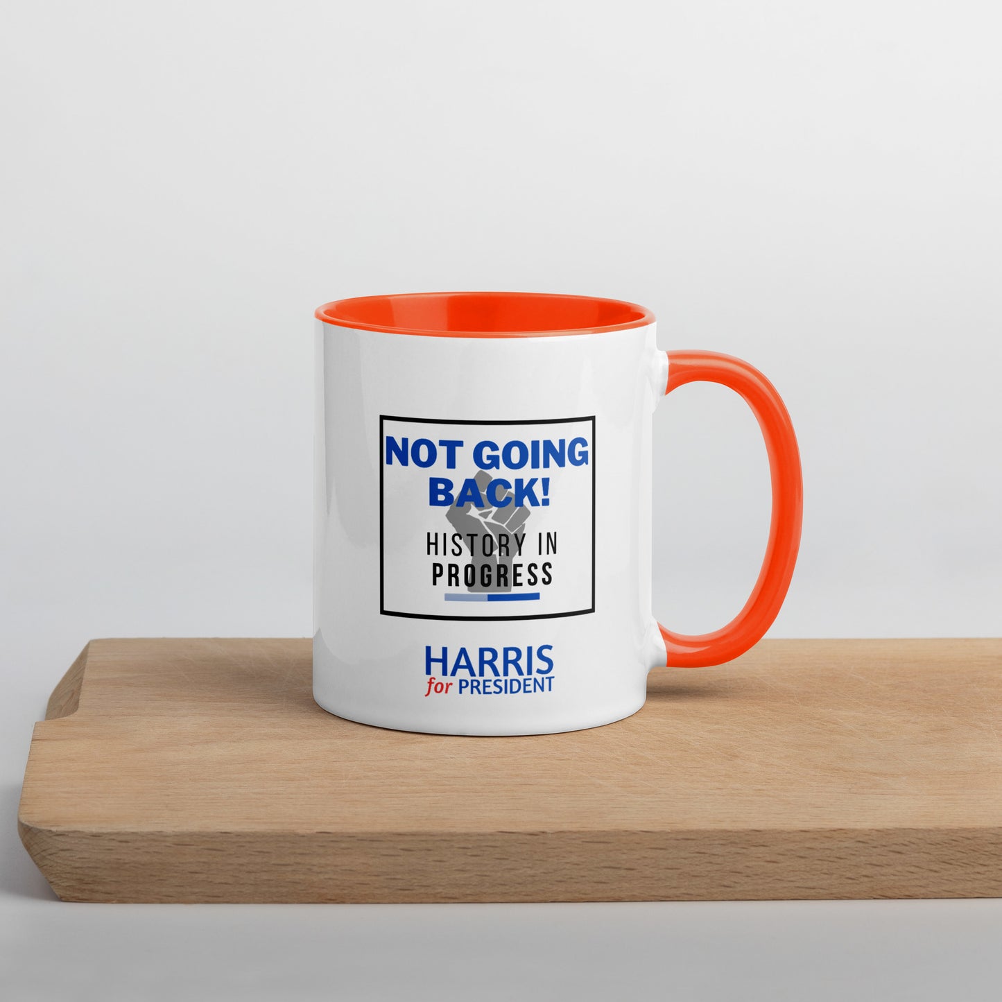 "Not Going Back" Kamala Harris 2024 President Mug with the Black Power fist and Colorful Interior - White Ceramic Coffee Mug Dishwasher and Microwave Safe