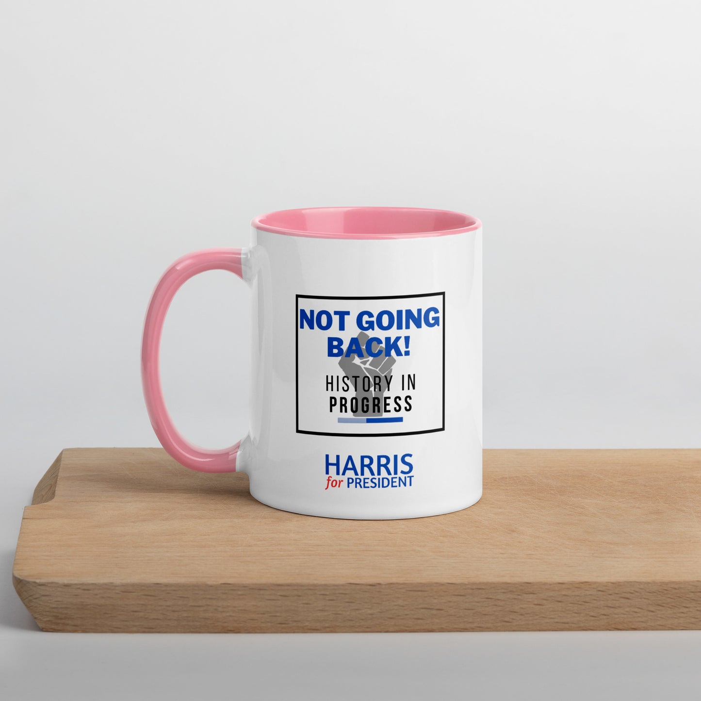 "Not Going Back" Kamala Harris 2024 President Mug with the Black Power fist and Colorful Interior - White Ceramic Coffee Mug Dishwasher and Microwave Safe