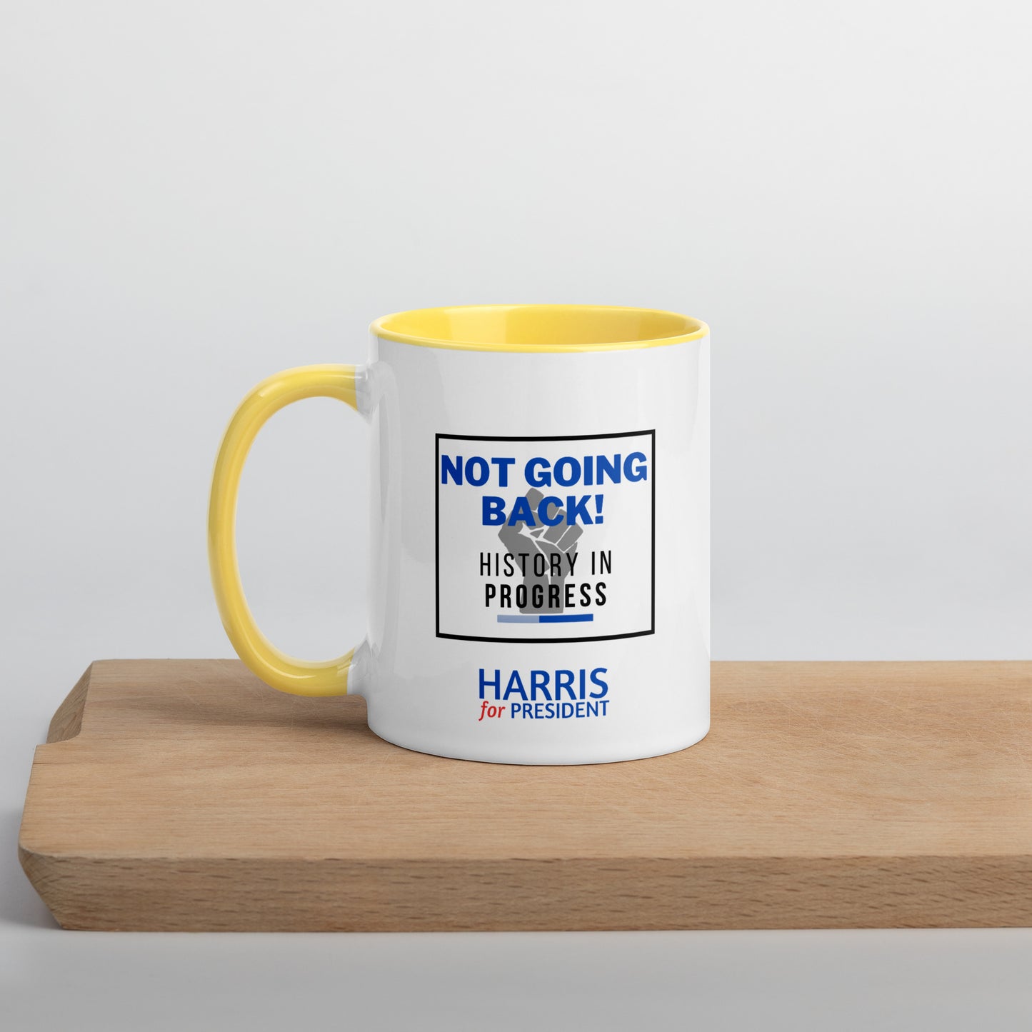 "Not Going Back" Kamala Harris 2024 President Mug with the Black Power fist and Colorful Interior - White Ceramic Coffee Mug Dishwasher and Microwave Safe