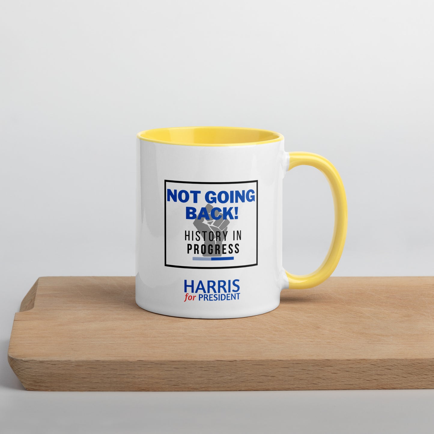 "Not Going Back" Kamala Harris 2024 President Mug with the Black Power fist and Colorful Interior - White Ceramic Coffee Mug Dishwasher and Microwave Safe